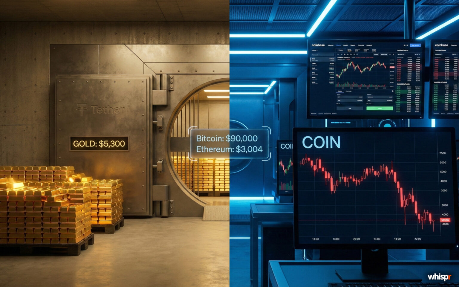 Oro frente a cripto: la batalla de estrategias entre Tether y Coinbase en un mercado volátil Oro frente a cripto: las estrategias de Tether y Coinbase · WHISPR