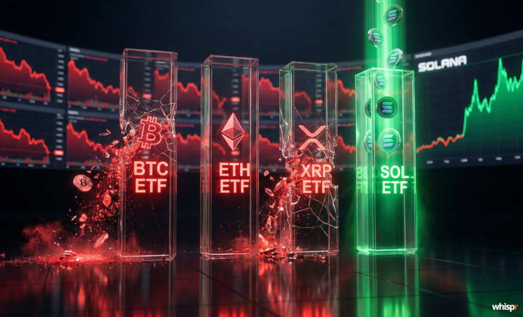ETFs de Cripto en EE.UU.: Salidas Millonarias en Bitcoin, Ether y XRP; Solana Sorprende con Entradas ETFs de Cripto: Solana sorprende con entradas · WHISPR