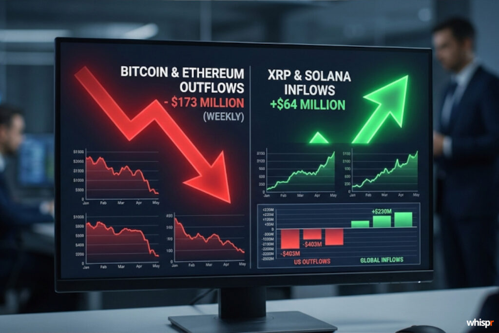 Los fondos de cripto encadenan cuatro semanas de salidas, pero XRP y Solana resisten Fondos cripto: cuatro semanas de salidas · WHISPR