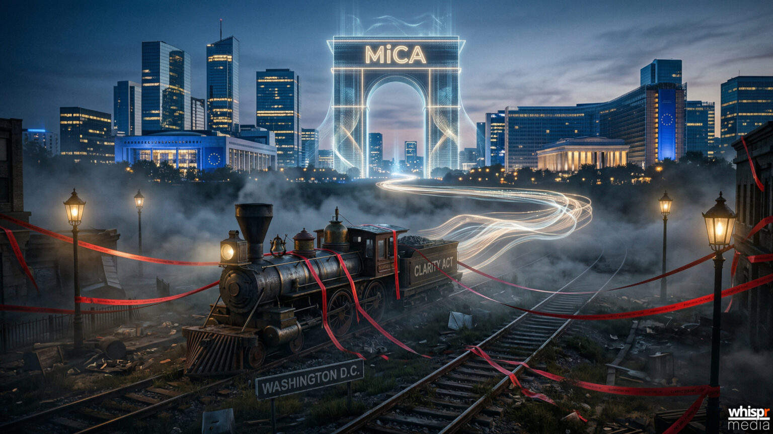 Estados Unidos arriesga perder la carrera regulatoria cripto mientras MiCA avanza en Europa y el proyecto de ley Clarity se estanca Ley Clarity: EEUU perderla la carrera cripto contra MiCA · WHISPR